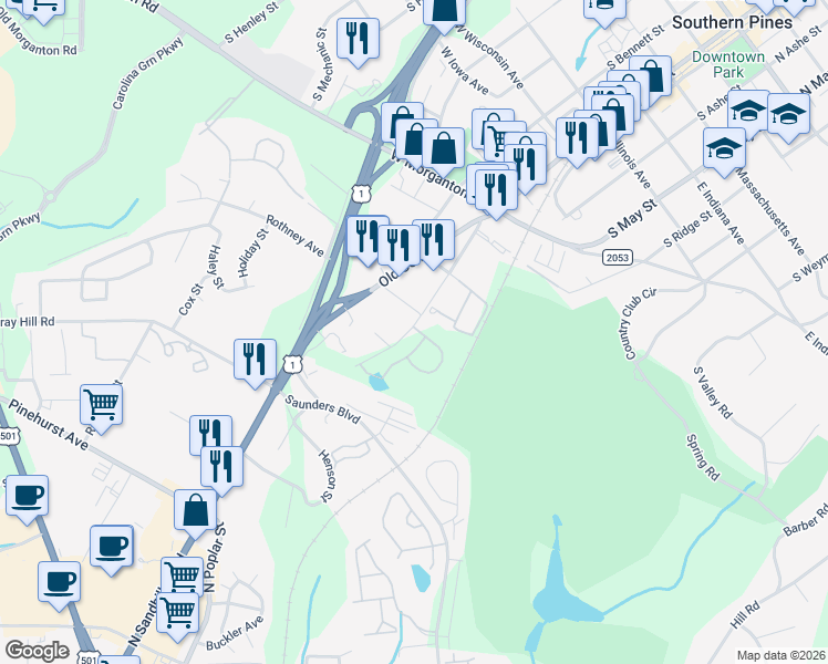 map of restaurants, bars, coffee shops, grocery stores, and more near 1175 Southwest Broad Street in Southern Pines