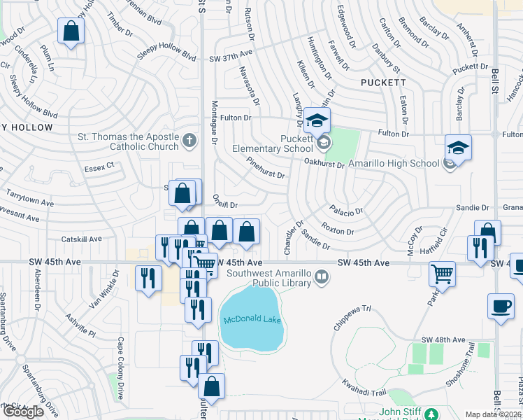 map of restaurants, bars, coffee shops, grocery stores, and more near 7003 Oneill Drive in Amarillo