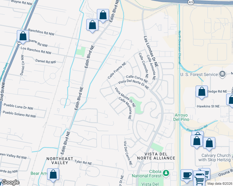 map of restaurants, bars, coffee shops, grocery stores, and more near 7504 Calle Montana Northeast in Albuquerque