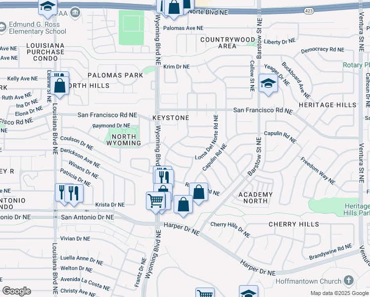 map of restaurants, bars, coffee shops, grocery stores, and more near 8112 Otero Avenue Northeast in Albuquerque