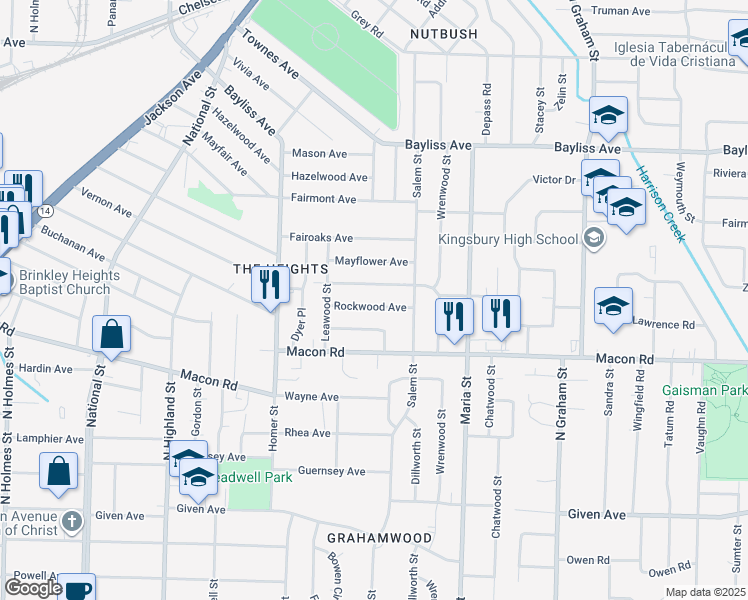 map of restaurants, bars, coffee shops, grocery stores, and more near 3754 Rockwood Avenue in Memphis