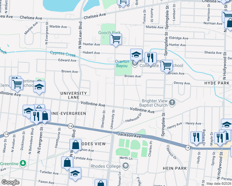 map of restaurants, bars, coffee shops, grocery stores, and more near 1004 University Street in Memphis