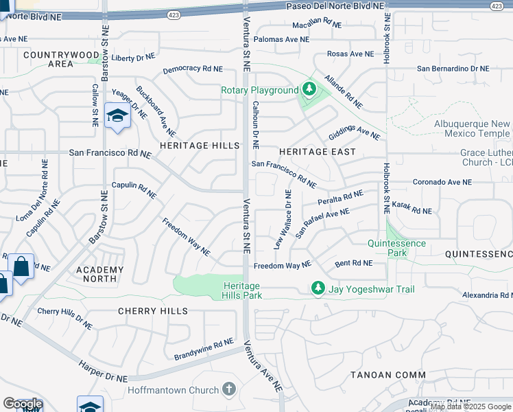 map of restaurants, bars, coffee shops, grocery stores, and more near 9100 Surrey Road Northeast in Albuquerque
