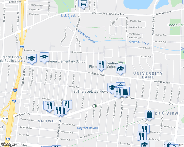 map of restaurants, bars, coffee shops, grocery stores, and more near Vollintine Avenue & North Willett Street in Memphis