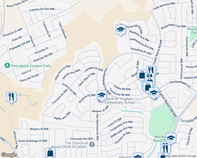 map of restaurants, bars, coffee shops, grocery stores, and more near 7100 Painted Pony Trail Northwest in Albuquerque