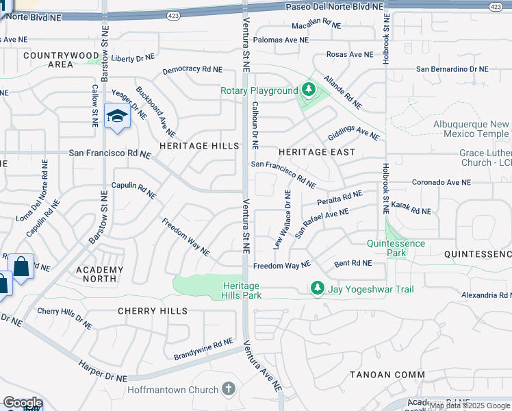 map of restaurants, bars, coffee shops, grocery stores, and more near 9100 Surrey Road Northeast in Albuquerque