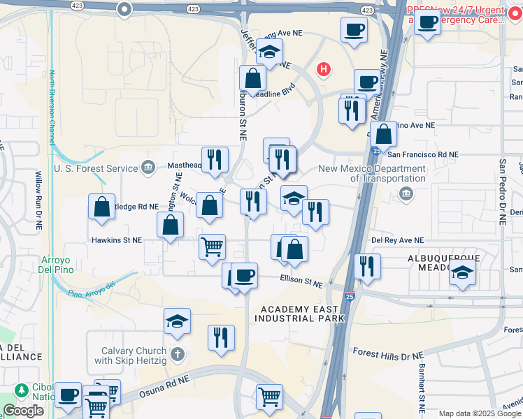 map of restaurants, bars, coffee shops, grocery stores, and more near in Albuquerque