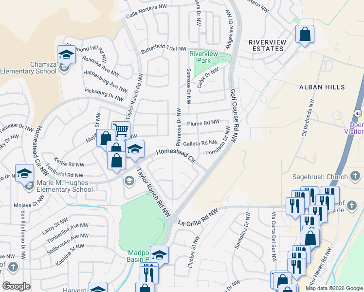 map of restaurants, bars, coffee shops, grocery stores, and more near 7109 Primrose Drive Northwest in Albuquerque