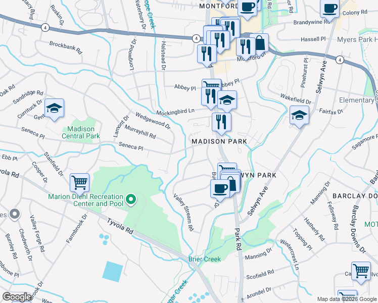map of restaurants, bars, coffee shops, grocery stores, and more near 1322 Seneca Place in Charlotte