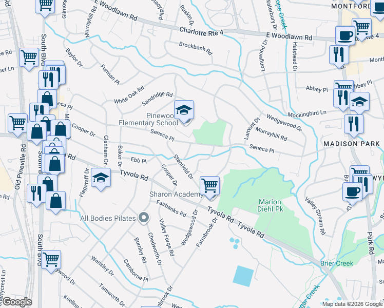 map of restaurants, bars, coffee shops, grocery stores, and more near 4913 Seacroft Road in Charlotte