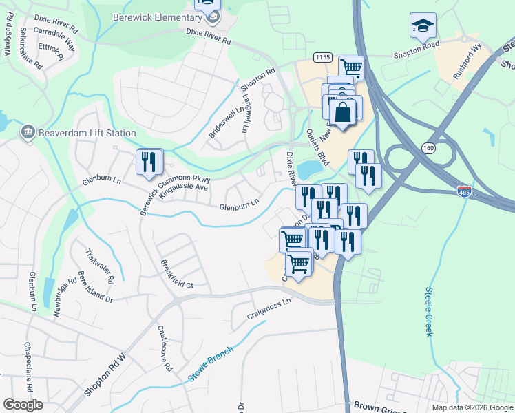 map of restaurants, bars, coffee shops, grocery stores, and more near 9258 Glenburn Lane in Charlotte