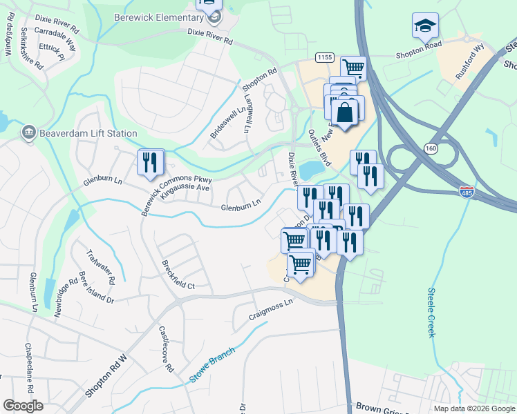 map of restaurants, bars, coffee shops, grocery stores, and more near 9258 Glenburn Lane in Charlotte