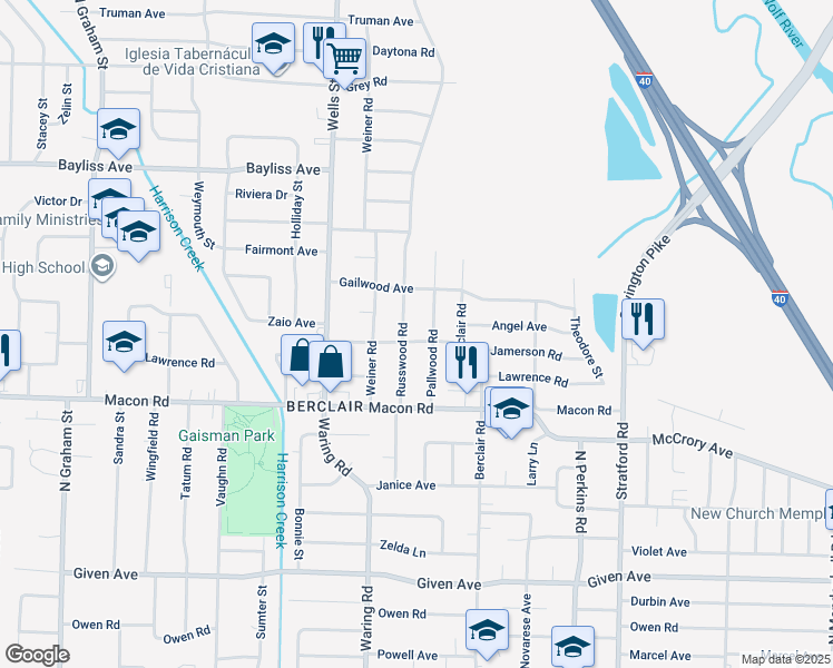 map of restaurants, bars, coffee shops, grocery stores, and more near 4408 Jamerson Road in Memphis