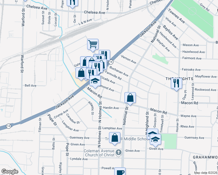 map of restaurants, bars, coffee shops, grocery stores, and more near 3347 Cicalla Avenue in Memphis