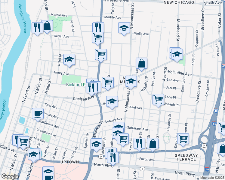 map of restaurants, bars, coffee shops, grocery stores, and more near 702 Chelsea Avenue in Memphis