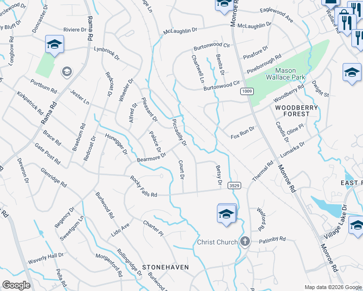 map of restaurants, bars, coffee shops, grocery stores, and more near 1316 Bearmore Drive in Charlotte