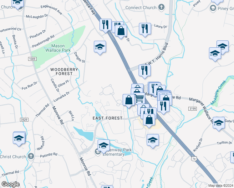 map of restaurants, bars, coffee shops, grocery stores, and more near 7763 Abigail Glen Drive in Charlotte