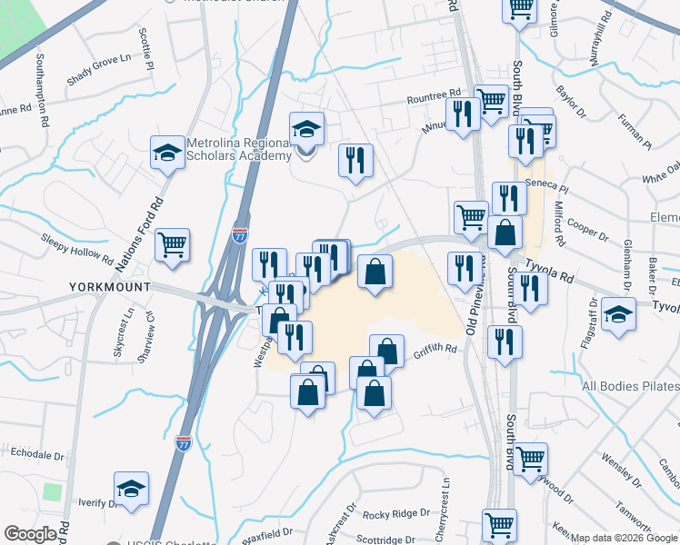 map of restaurants, bars, coffee shops, grocery stores, and more near Tyvola Road in Charlotte