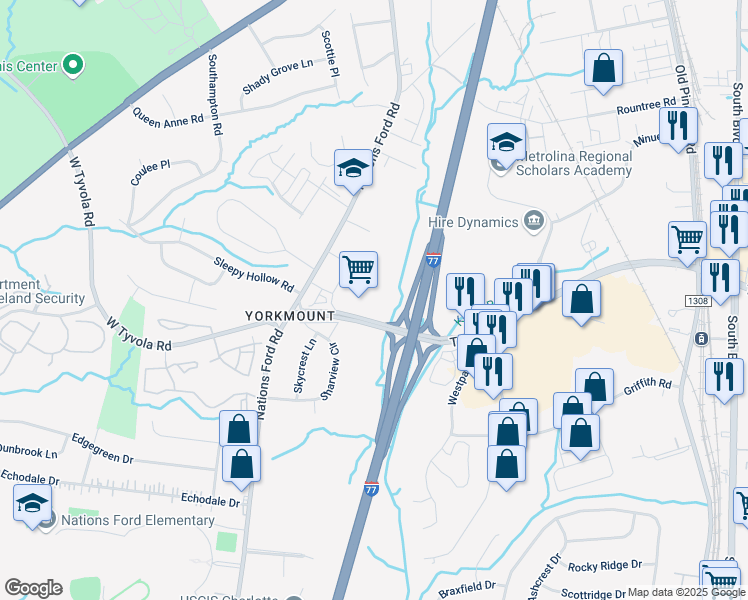map of restaurants, bars, coffee shops, grocery stores, and more near 6035 Nations Ford Road in Charlotte
