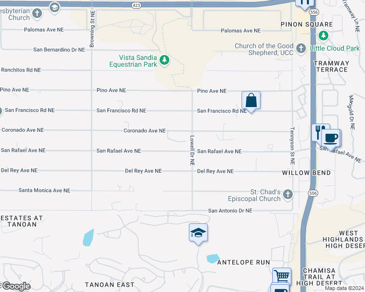 map of restaurants, bars, coffee shops, grocery stores, and more near 11821 San Rafael Avenue Northeast in Albuquerque