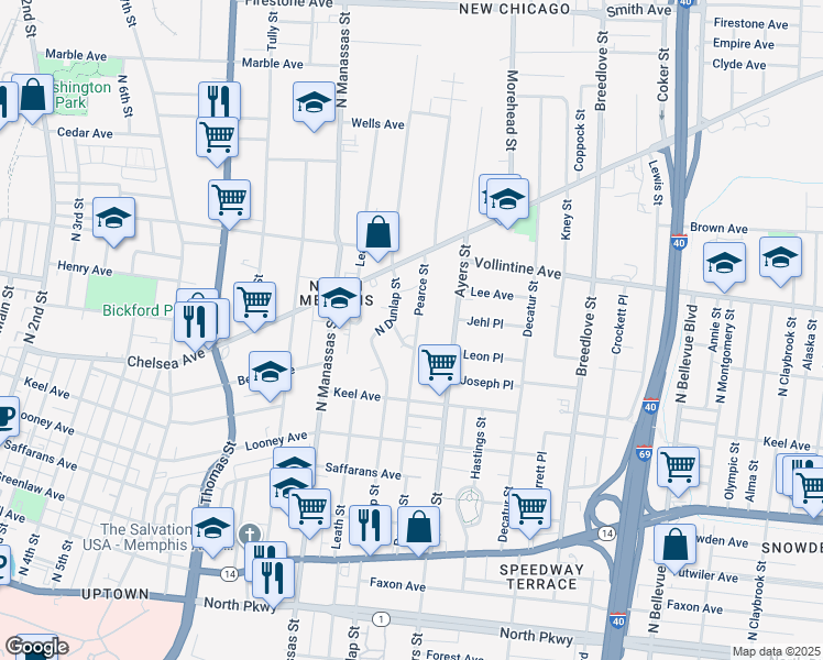 map of restaurants, bars, coffee shops, grocery stores, and more near 880 Pearce Street in Memphis