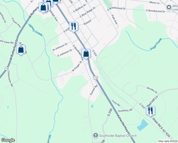 map of restaurants, bars, coffee shops, grocery stores, and more near 700 South Randolph Avenue in Landrum