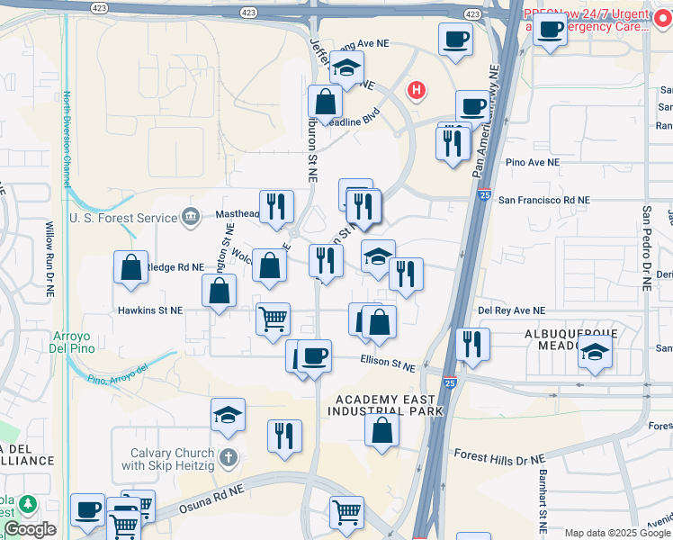 map of restaurants, bars, coffee shops, grocery stores, and more near 7412 Jefferson Street Northeast in Albuquerque