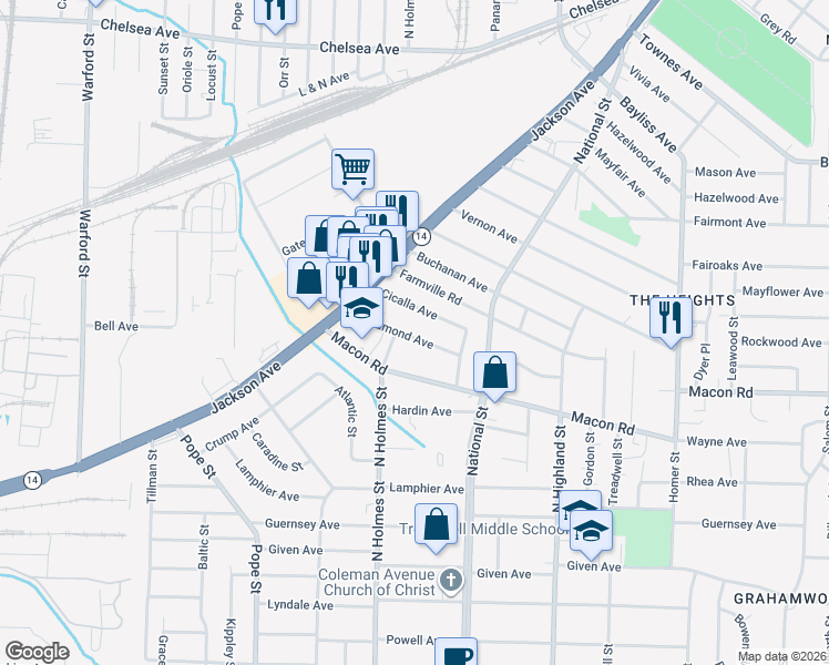 map of restaurants, bars, coffee shops, grocery stores, and more near 3347 Cicalla Avenue in Memphis