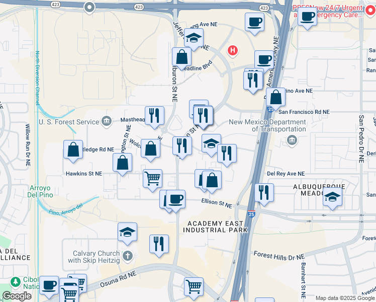 map of restaurants, bars, coffee shops, grocery stores, and more near 7412 Jefferson Street Northeast in Albuquerque