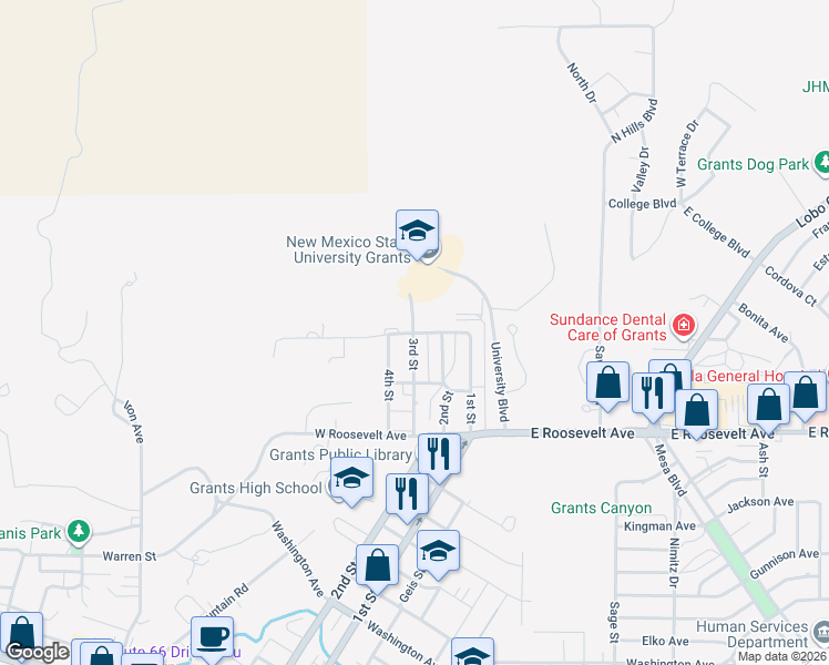 map of restaurants, bars, coffee shops, grocery stores, and more near 1500 3rd Street in Grants