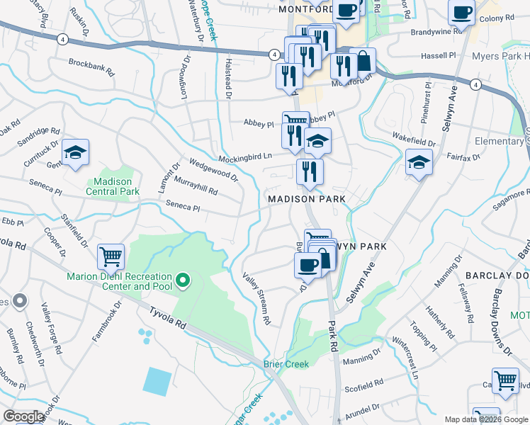 map of restaurants, bars, coffee shops, grocery stores, and more near 1322 Seneca Place in Charlotte