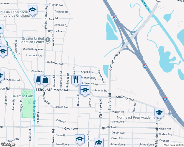 map of restaurants, bars, coffee shops, grocery stores, and more near 4562 Angel Avenue in Memphis