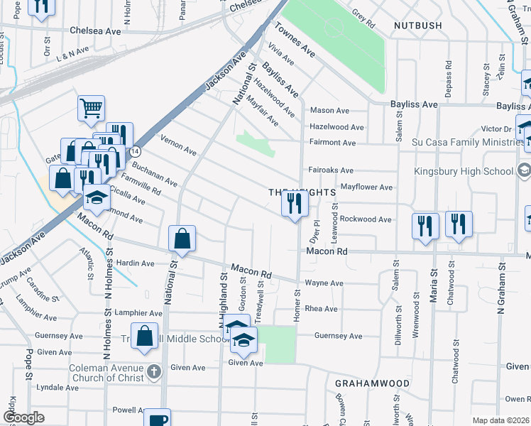 map of restaurants, bars, coffee shops, grocery stores, and more near 3569 Rockwood Avenue in Memphis