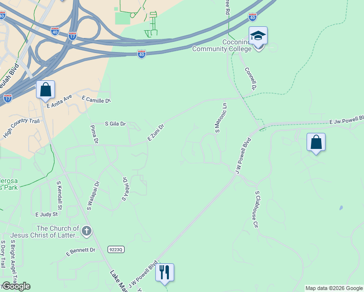 map of restaurants, bars, coffee shops, grocery stores, and more near 3199 South Hannah Lane in Flagstaff