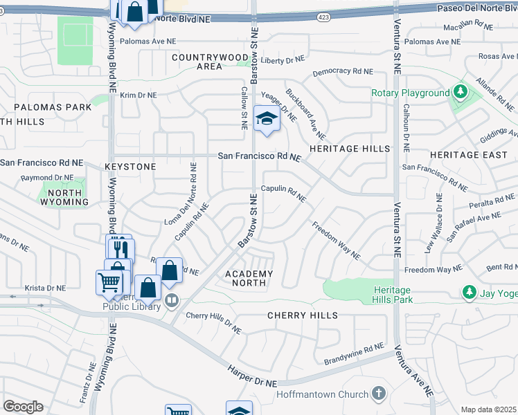 map of restaurants, bars, coffee shops, grocery stores, and more near 7405 Mayflower Road Northeast in Albuquerque