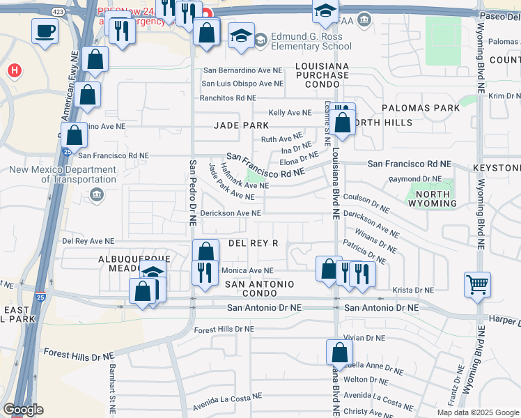 map of restaurants, bars, coffee shops, grocery stores, and more near 6729 Derickson Avenue Northeast in Albuquerque