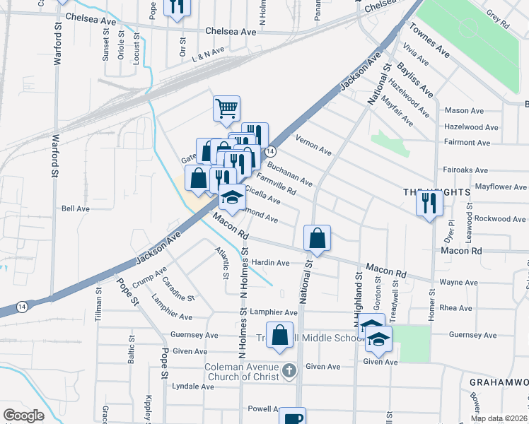 map of restaurants, bars, coffee shops, grocery stores, and more near 3300 Rosamond Avenue in Memphis