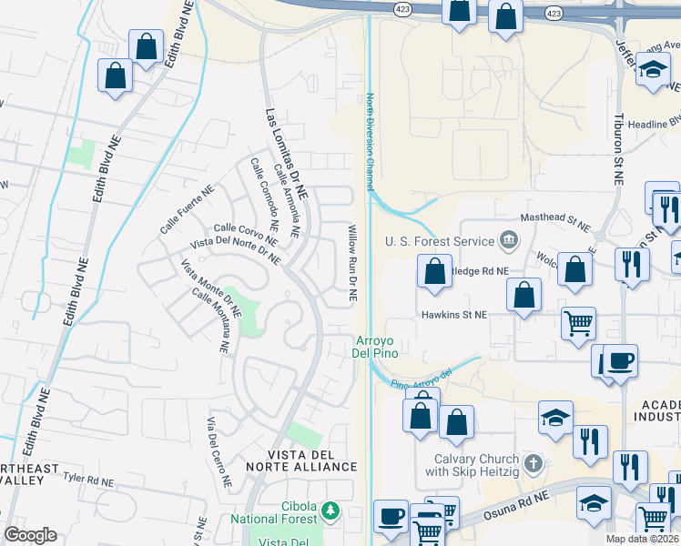 map of restaurants, bars, coffee shops, grocery stores, and more near 7528 Cricket Hill Drive Northeast in Albuquerque