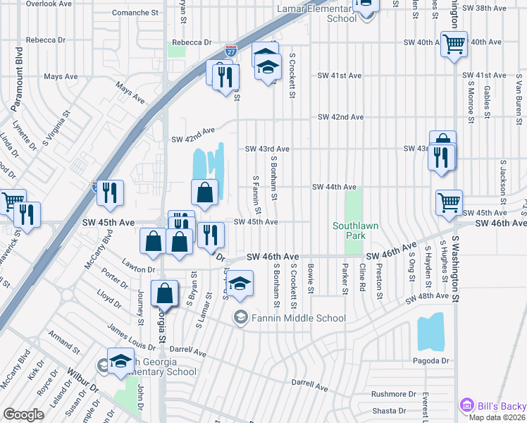 map of restaurants, bars, coffee shops, grocery stores, and more near 4412 South Fannin Street in Amarillo