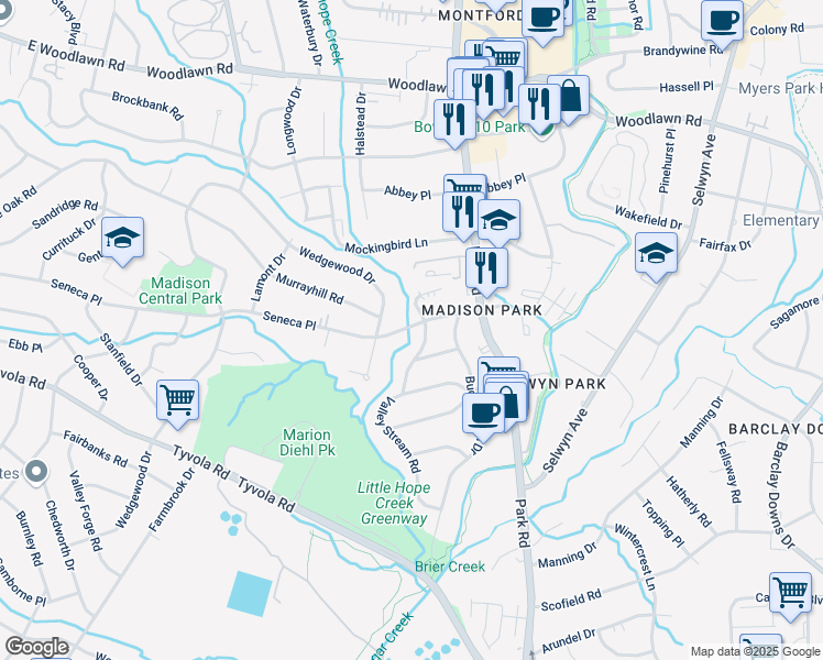 map of restaurants, bars, coffee shops, grocery stores, and more near 1322 Seneca Place in Charlotte