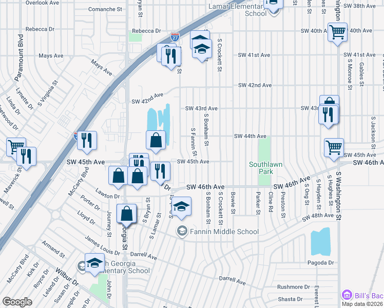 map of restaurants, bars, coffee shops, grocery stores, and more near 4412 South Fannin Street in Amarillo