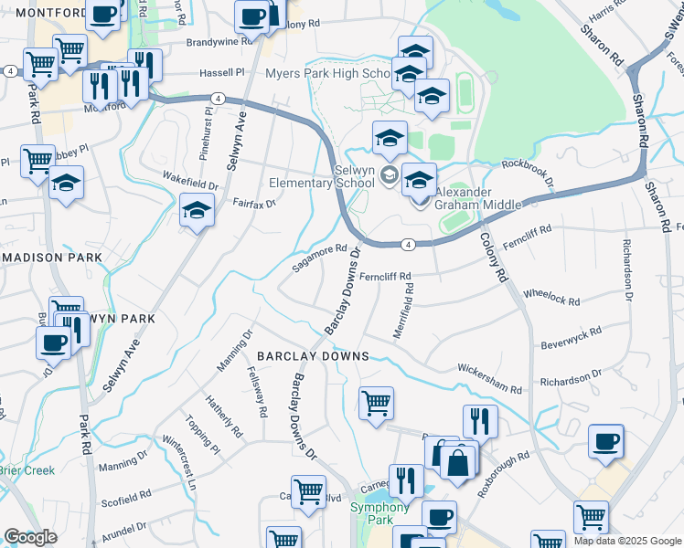 map of restaurants, bars, coffee shops, grocery stores, and more near 3526 Barclay Downs Drive in Charlotte