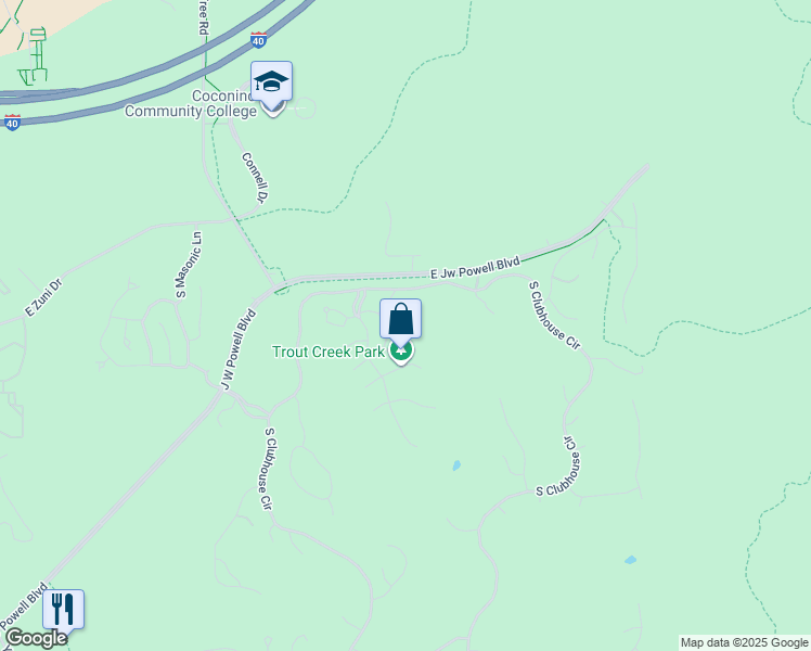 map of restaurants, bars, coffee shops, grocery stores, and more near 1741 East Bent Tree Circle in Flagstaff