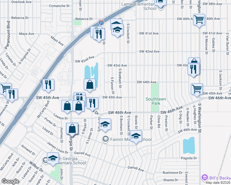 map of restaurants, bars, coffee shops, grocery stores, and more near 4412 South Fannin Street in Amarillo