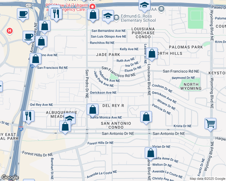 map of restaurants, bars, coffee shops, grocery stores, and more near 6729 Derickson Avenue Northeast in Albuquerque