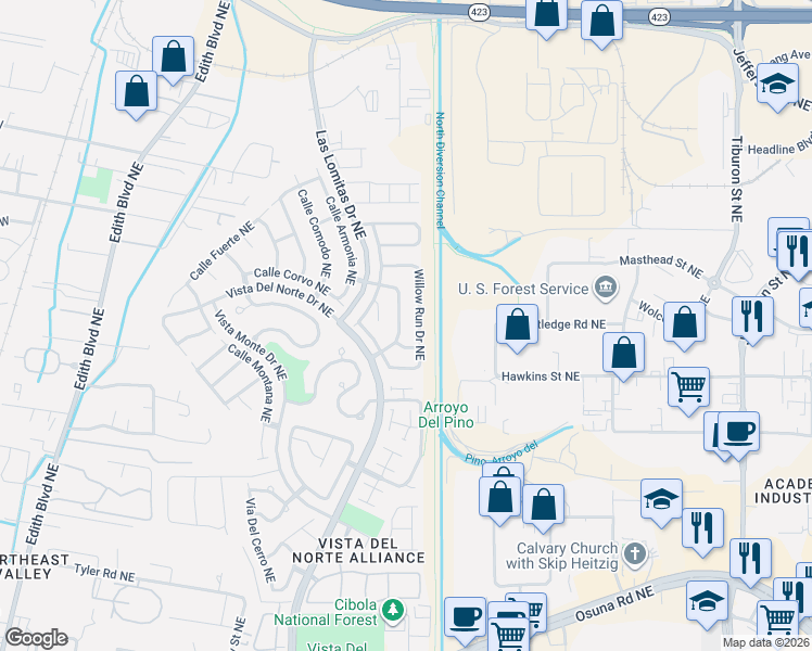 map of restaurants, bars, coffee shops, grocery stores, and more near 7528 Cricket Hill Drive Northeast in Albuquerque