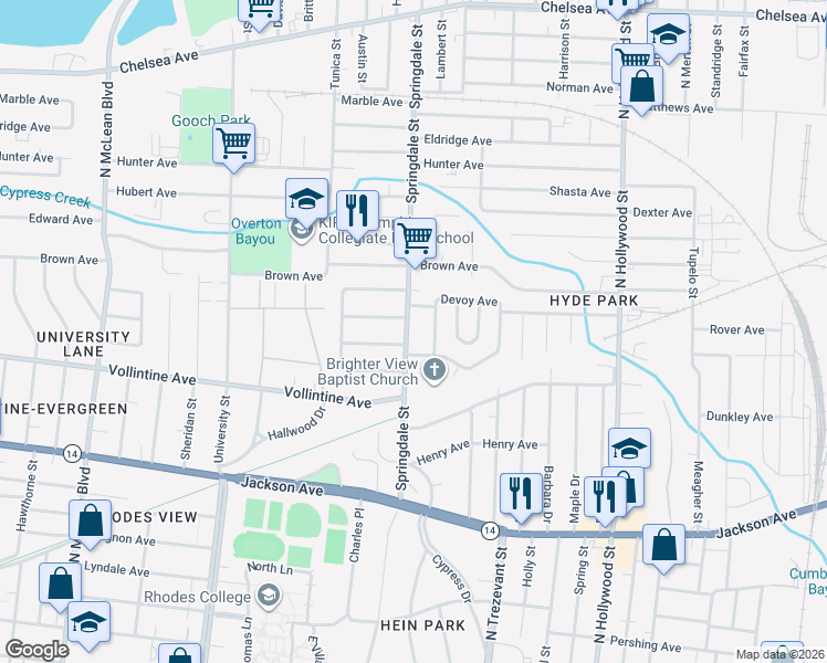 map of restaurants, bars, coffee shops, grocery stores, and more near 1030 Springdale Street in Memphis