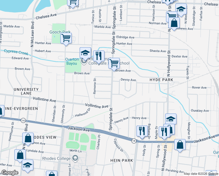 map of restaurants, bars, coffee shops, grocery stores, and more near 2169 Berkeley Avenue in Memphis
