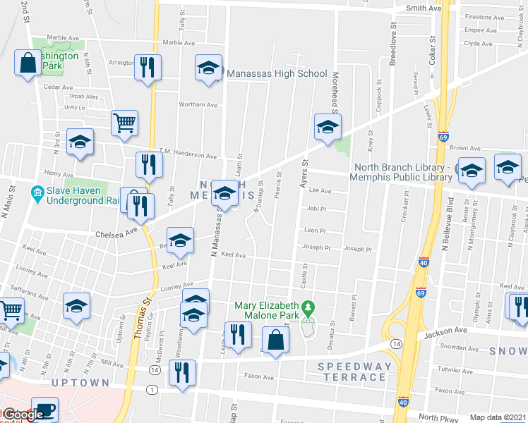 map of restaurants, bars, coffee shops, grocery stores, and more near 873 North Dunlap Street in Memphis