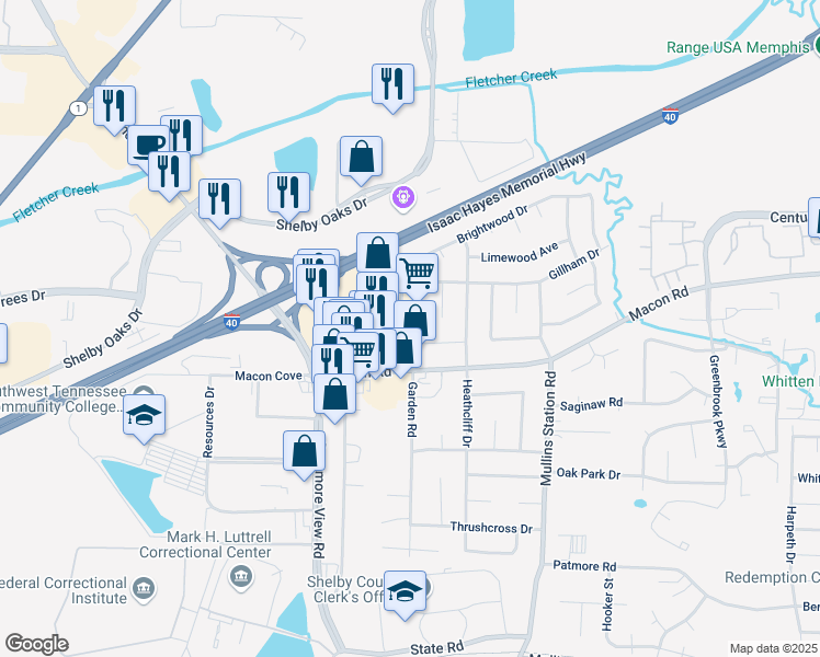 map of restaurants, bars, coffee shops, grocery stores, and more near 1444 Gillham Cove in Memphis